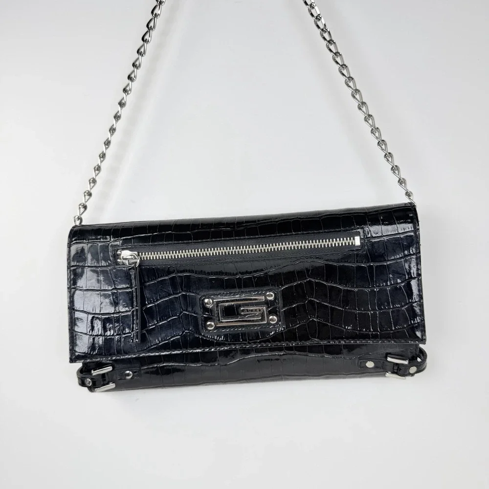 GUESS Black Croc Embossed Shoulder Bag Silver Chain Strap Vintage Y2K Purse